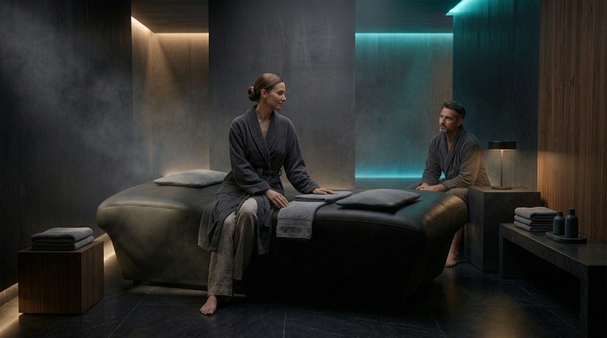 A calm, low-lit wellness room with two people resting before a session
